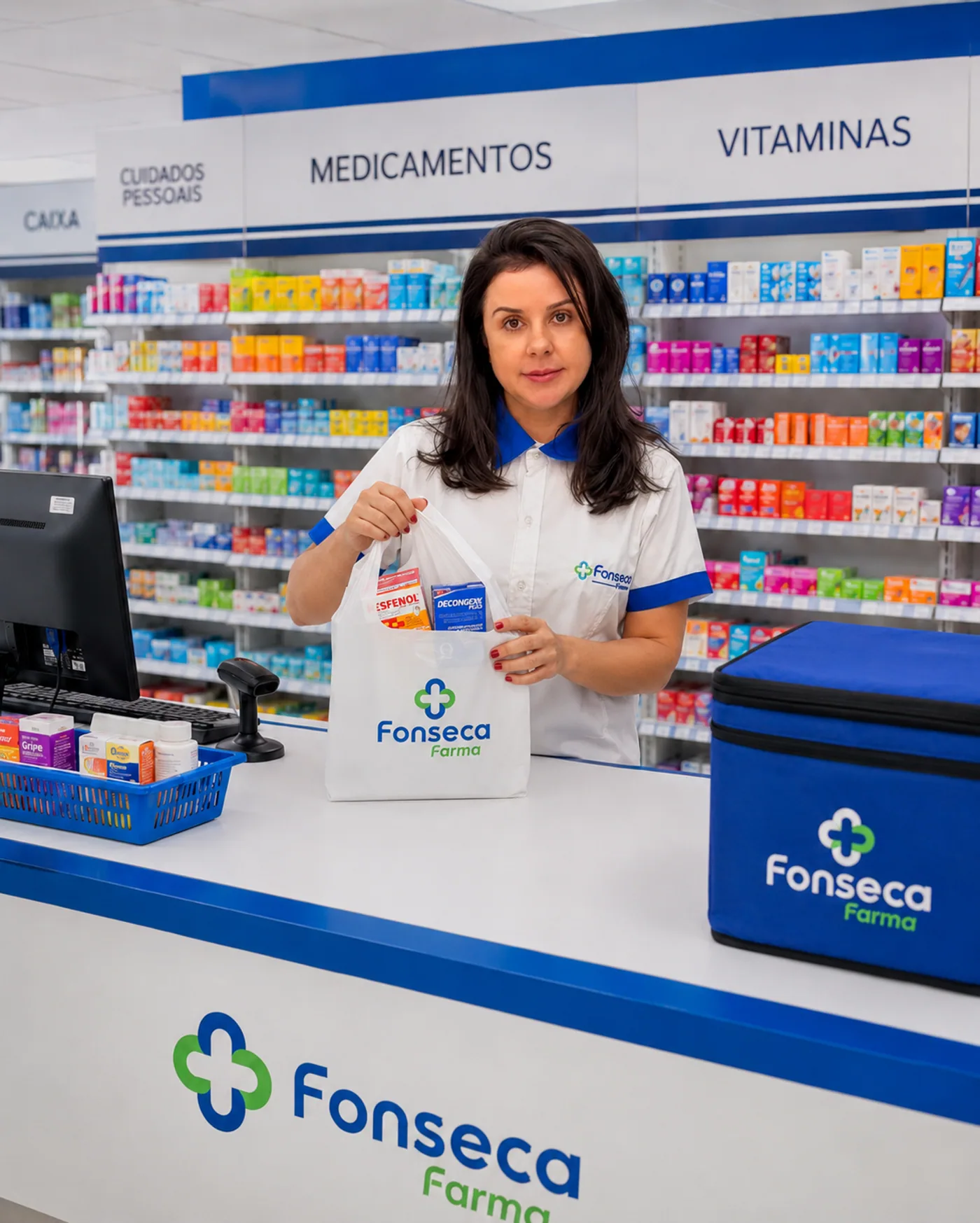 Raquel Fonseca, proprietária da Fonseca Farma, preparando um pedido para retirada ou delivery
